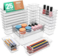 KICHLY 25 Pack Clear Plastic Desk Supplies Organizer, 4 Sizes Desk Drawer Organizer for Office Supplies, Vanity Organizers, Makeup, Gadgets, & Jewelry Storage Bins
