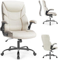 Sweetcrispy Ergonomic Desk Office Chairs with Wheels, PU Leather Rolling Swivel Chair for Desk, High Back, Flip-up Arms, Adjustable Height, White