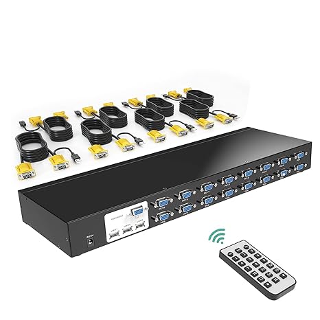 MT-VIKI 16 Port KVM Switch, 16X1 Rackmount KVM Switch VGA, Included 16 KVM Cables & IR Remote, Fit 1U 19'' Rack