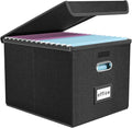 Portable File Organizer Box, File Storage Box with Lid, Collapsible Linen Hanging Filing Storage Boxes with Plastic Slide, Durable Hanging File Box for Office/Decor/Home (Black,1pc)