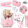SKYDUE Pink Desk Accessories 10Pcs, 360-Degree Rotating Pen Holder, Stapler, Staple Remover, Tape Dispenser,2pcs Tape Refills, Binder Paper Clips Kit, Scissor,Pink Office Supplies