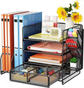 7 code Desk Organizer with File Holder, 5-Tier Letter Paper Tray Organizer with Drawer & Pen Holders, Desk Accessories Organizers and Storage, 2 Magazine Holder for Office Supplies (Black)